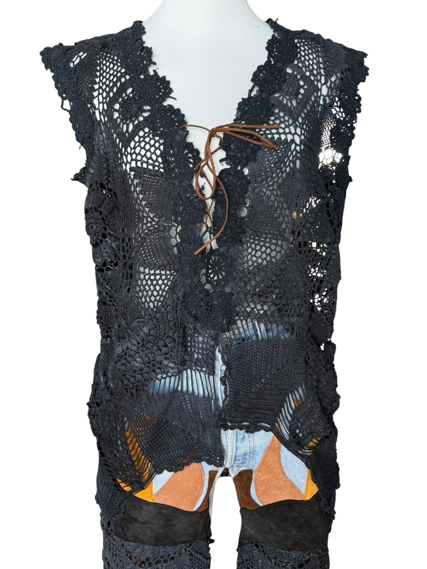 Black long crochet gilet