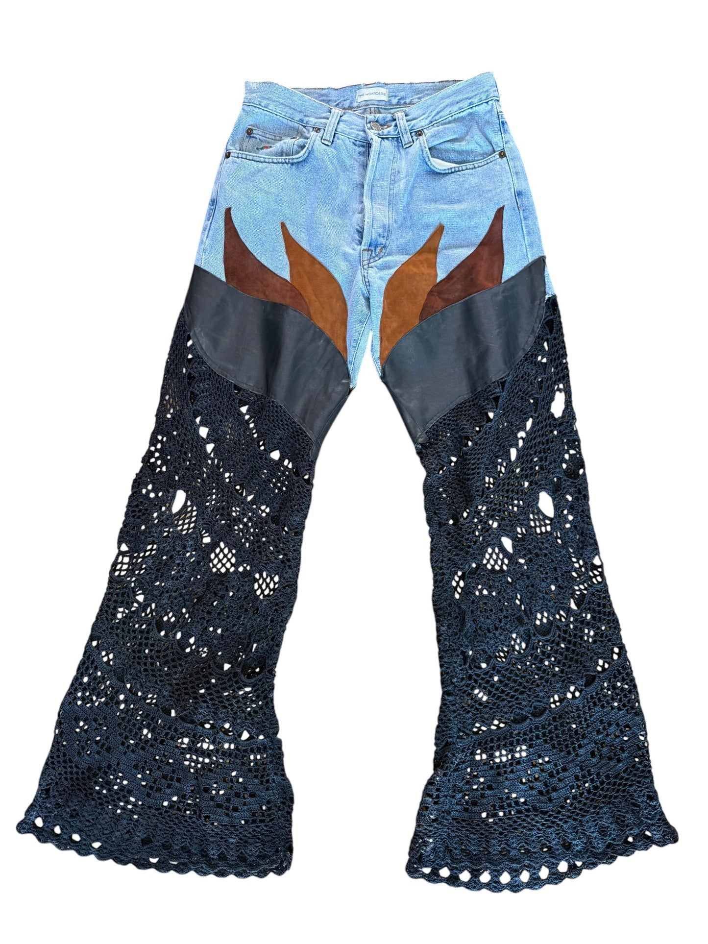 Flare denim in leather and black crochet