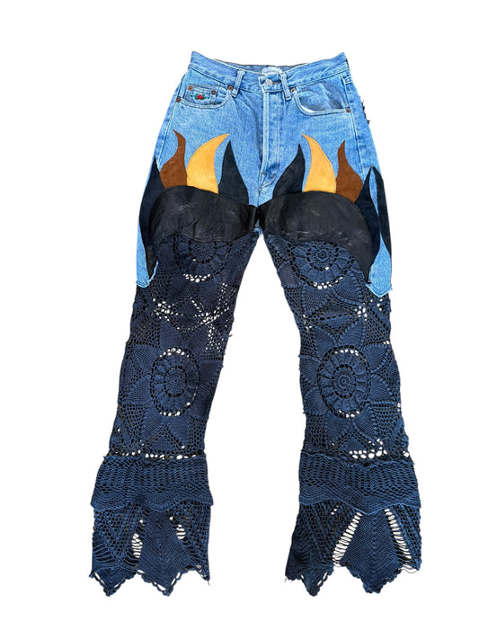 Flare denim in leather and black crochet