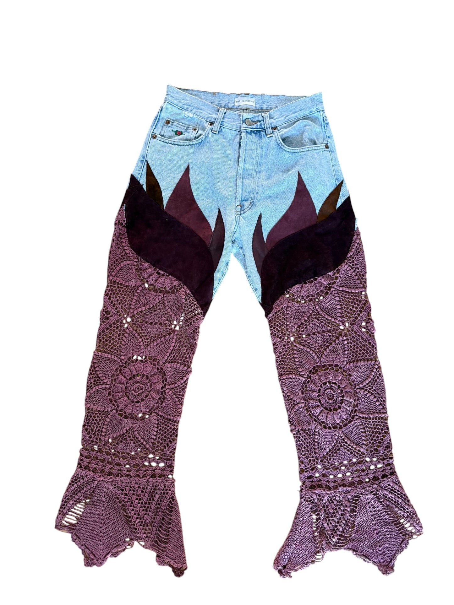 Flare denim in leather and burgundy crochet