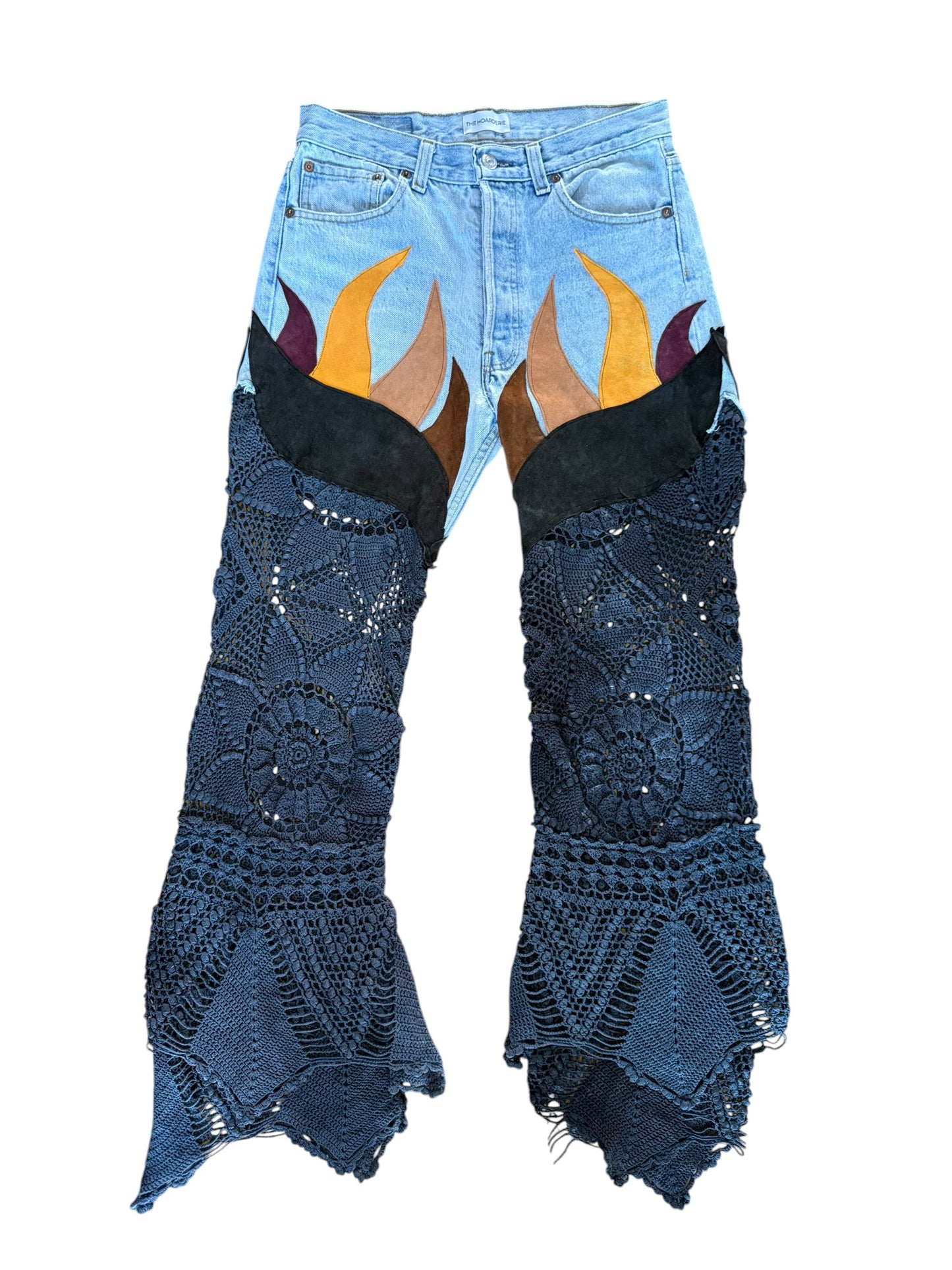 Flare denim in leather and black crochet