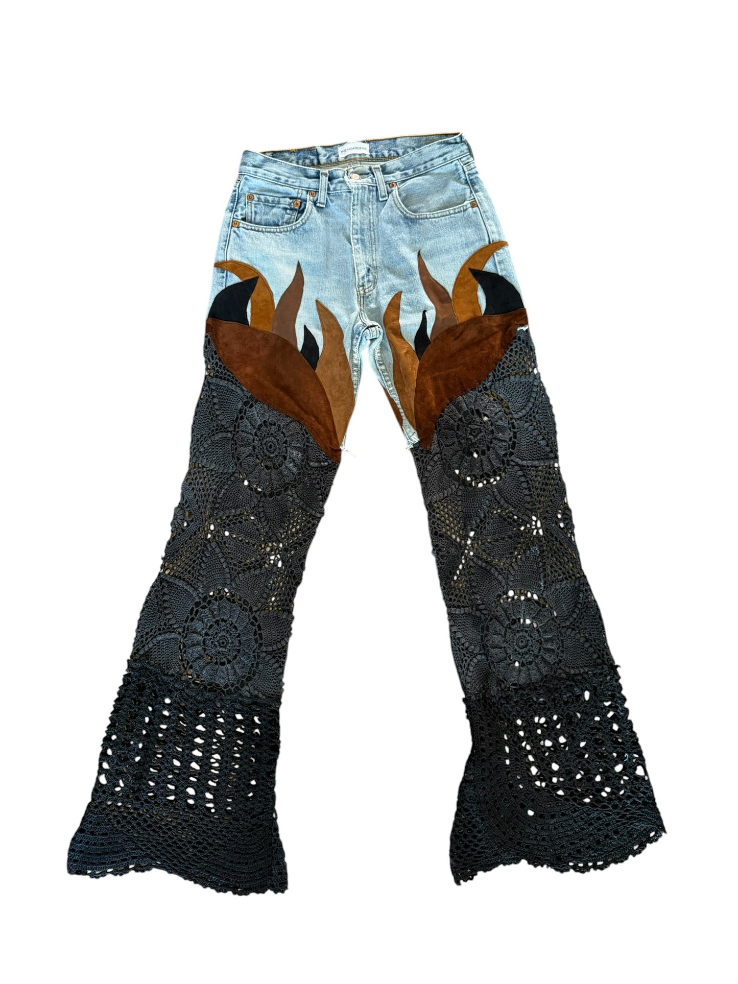 Flare denim in leather and black crochet