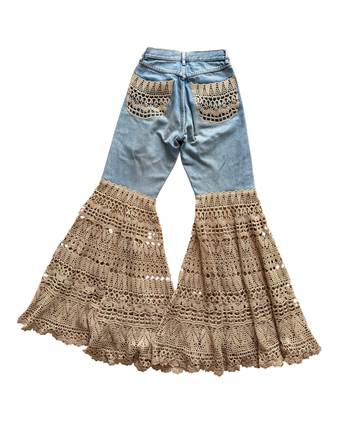 Denim and crochet flare trousers