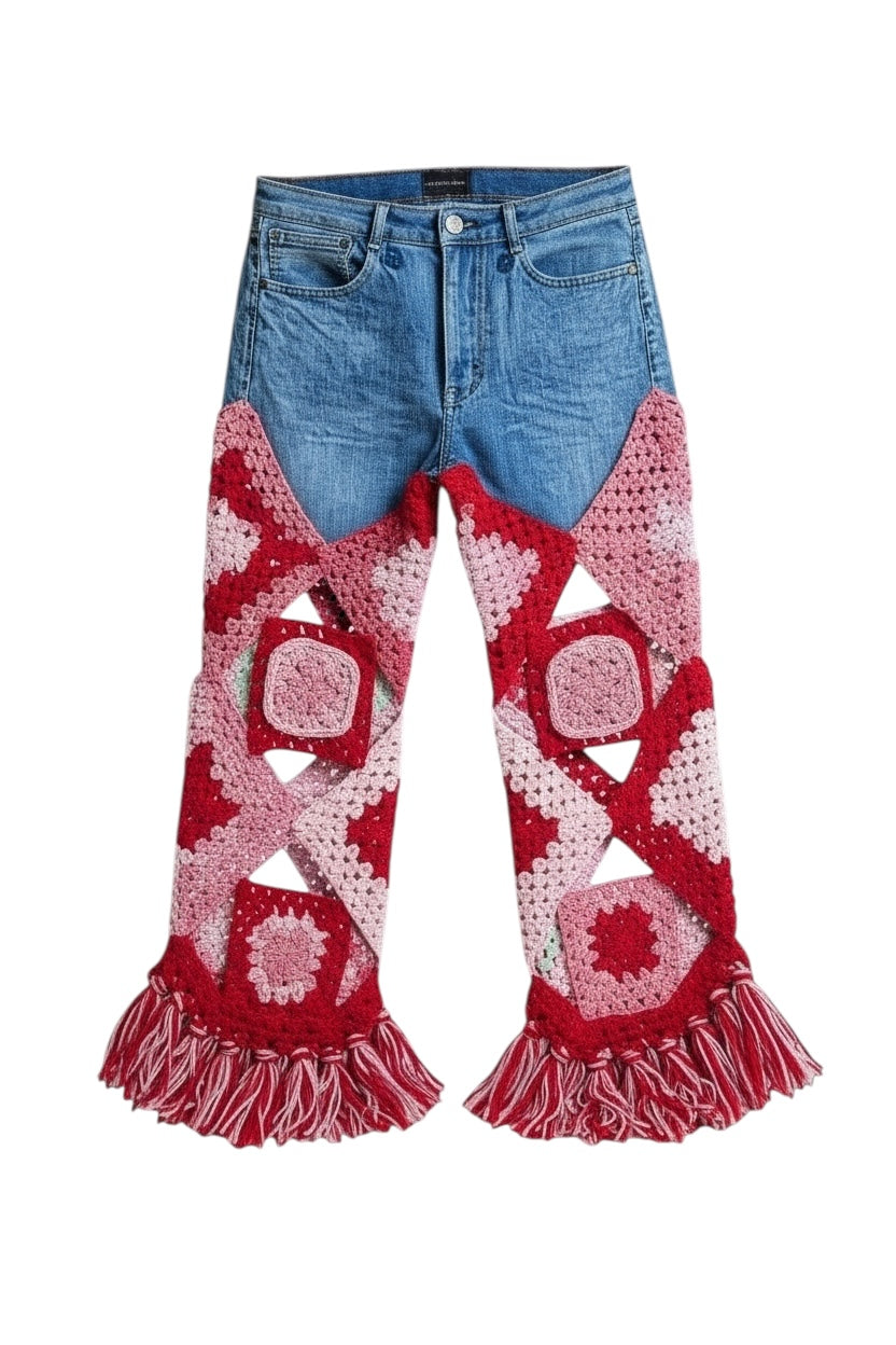 Multicolour denim and crochet trousers