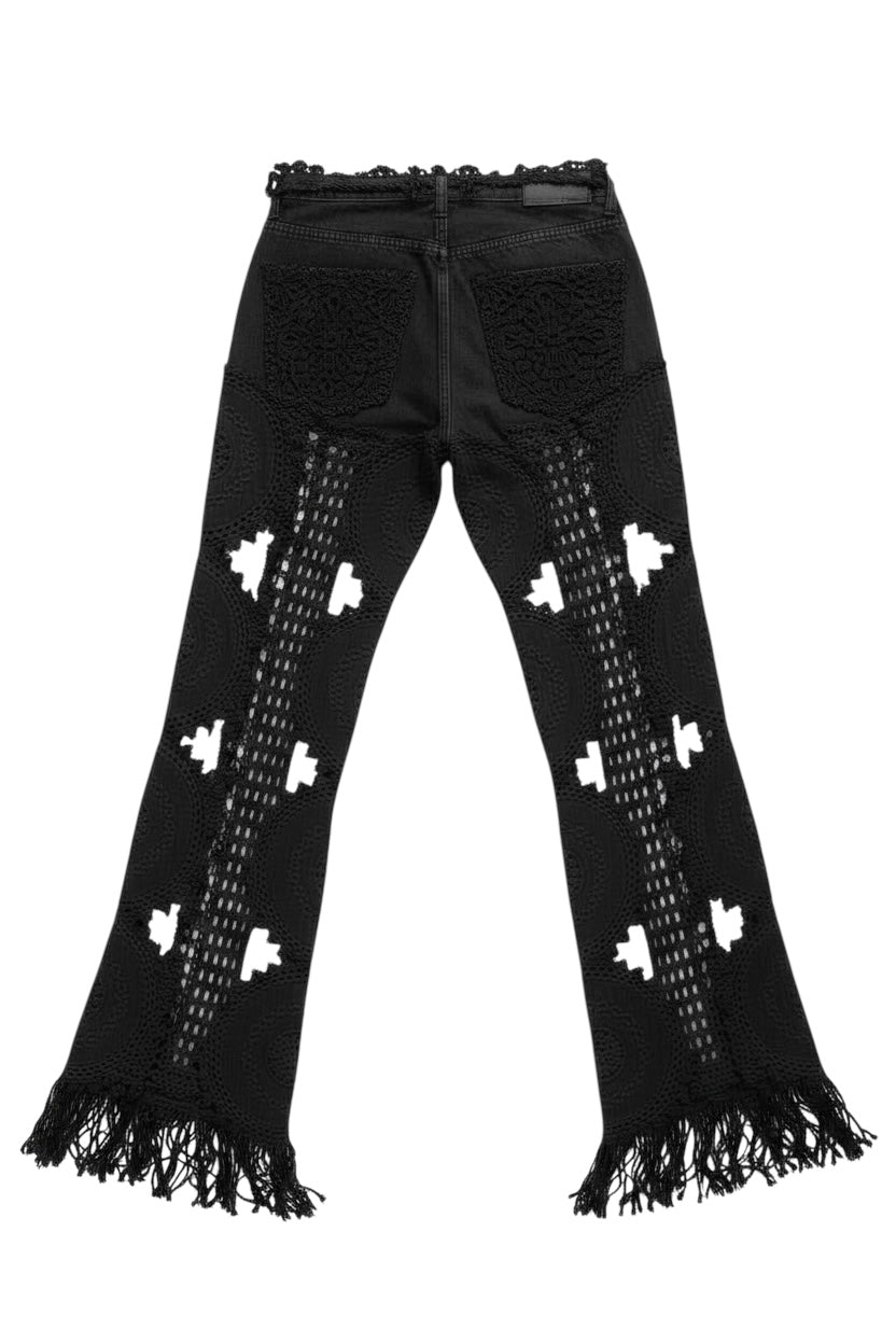 Denim and crochet trousers in black
