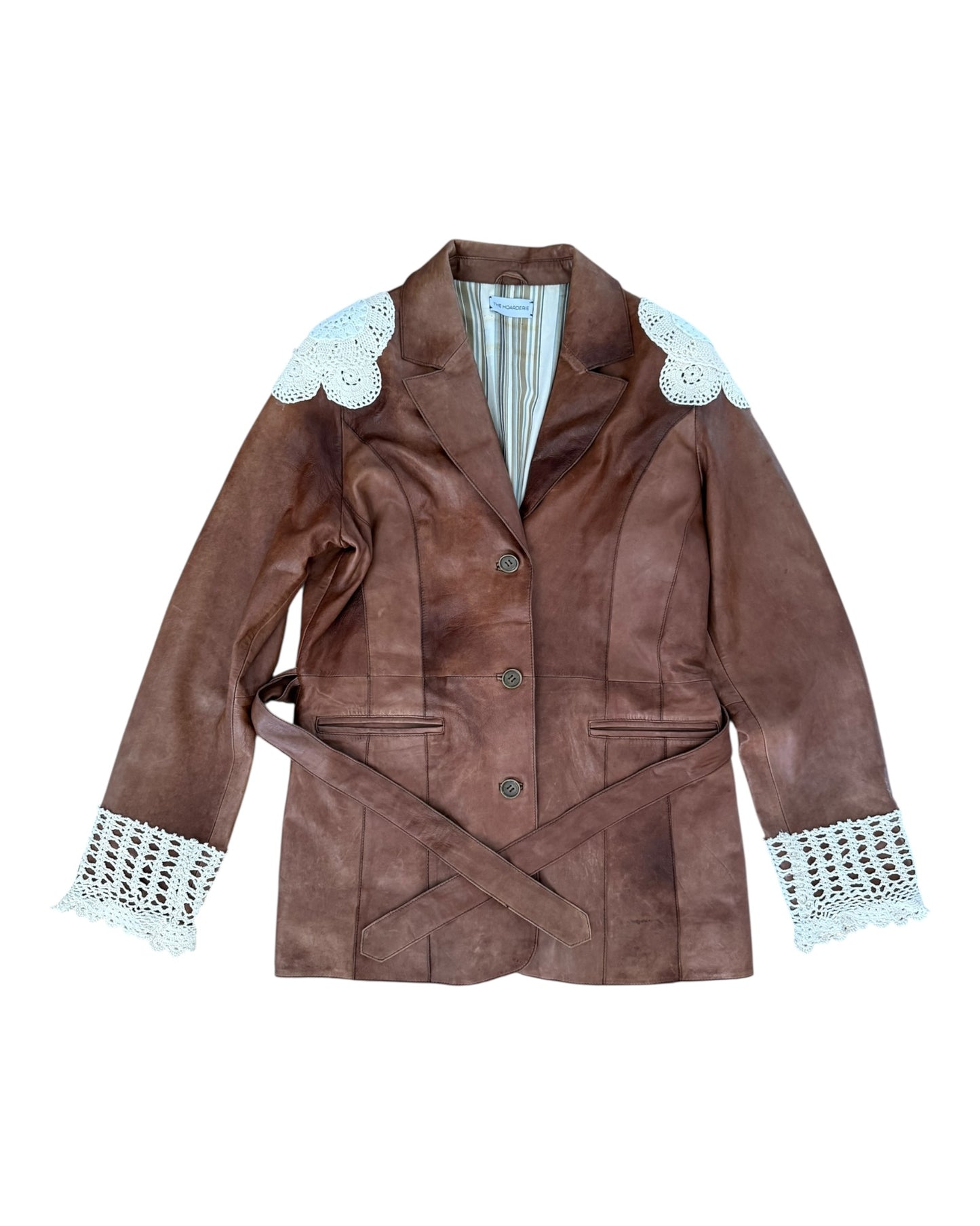 Brown leather blazer with crochet appliqués