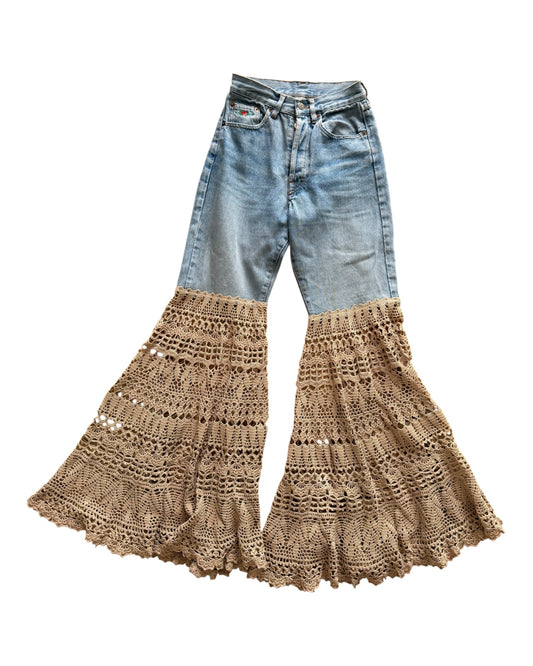 Denim and crochet flare trousers