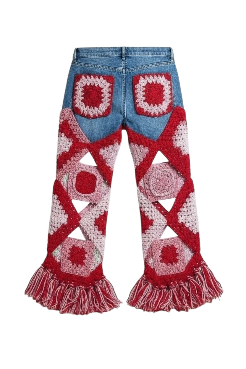 Multicolour denim and crochet trousers