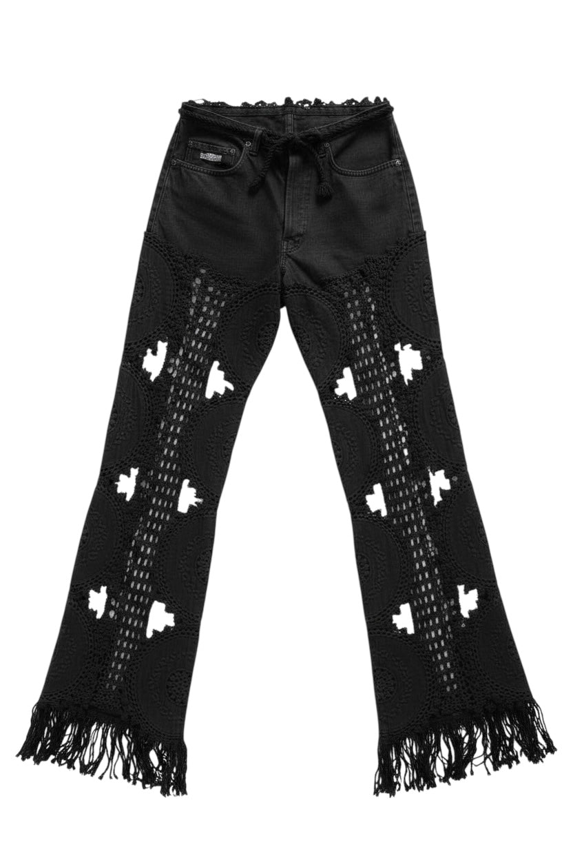 Denim and crochet trousers in black