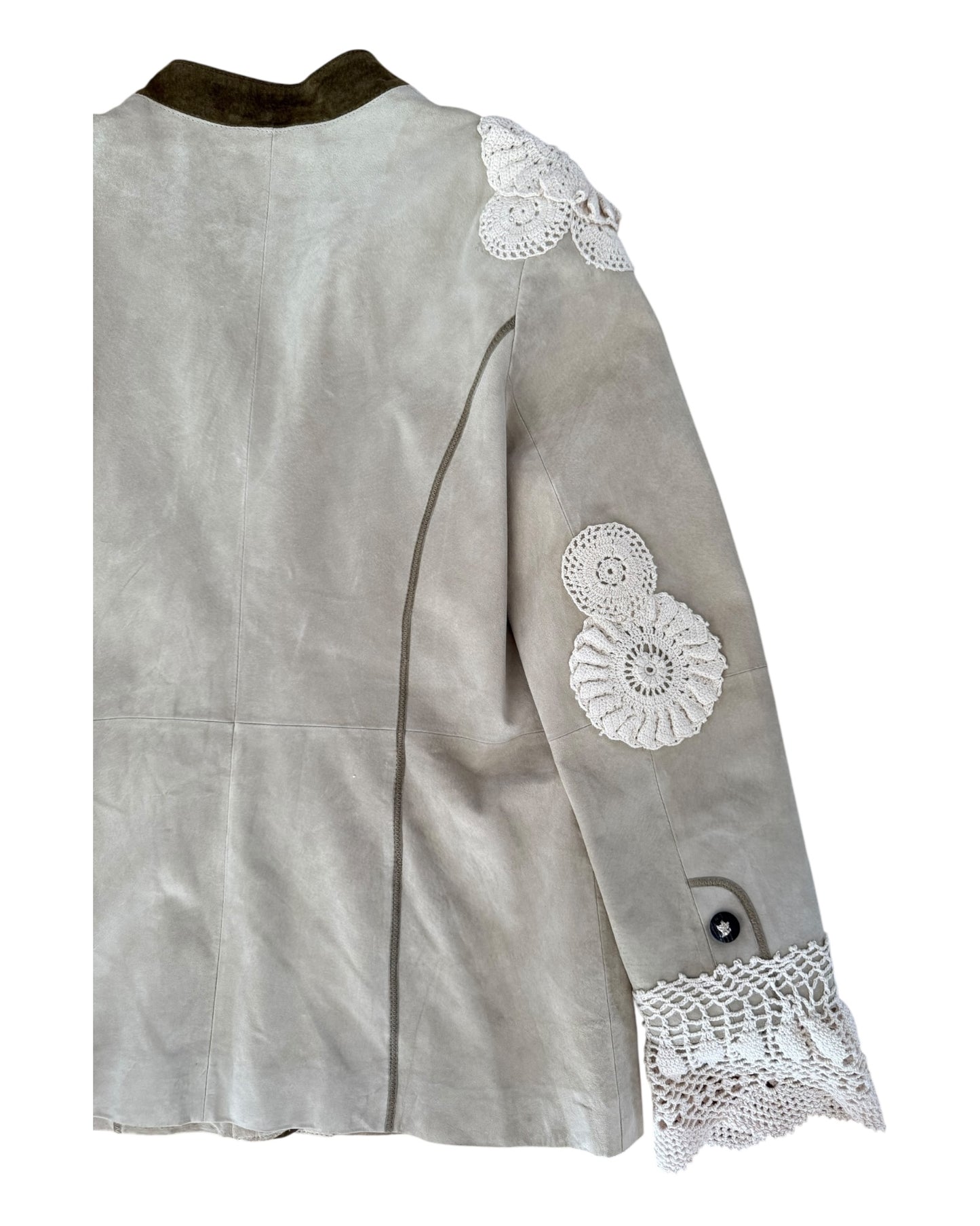 Beige suede jacket with crochet appliqués