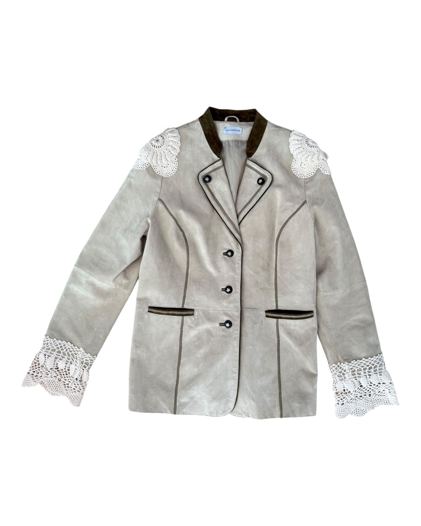 Beige suede jacket with crochet appliqués