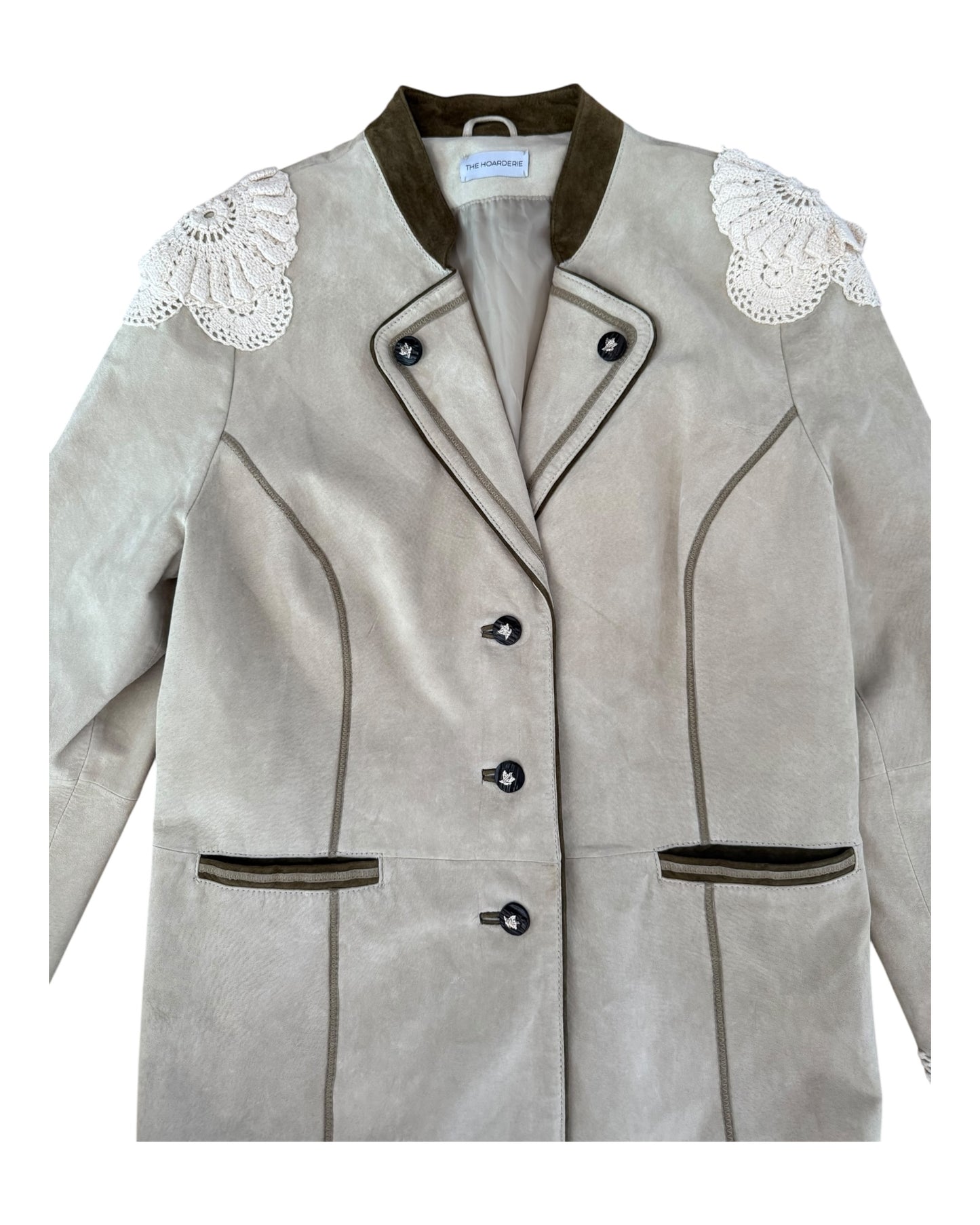Beige suede jacket with crochet appliqués