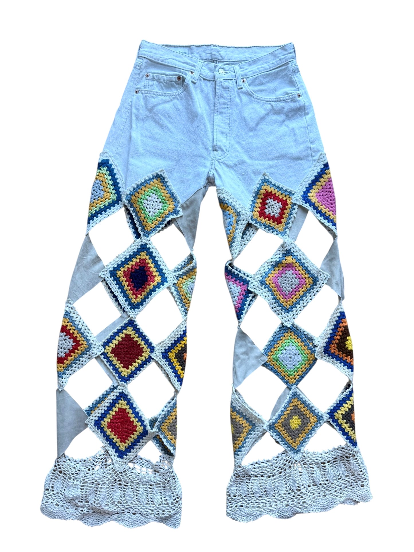 Denim in leather and multicolour crochet