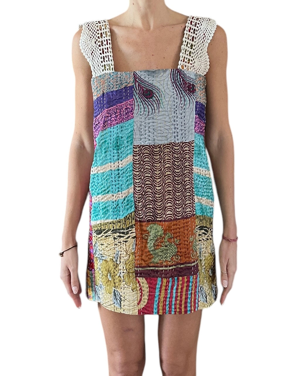 Mini dress in patchwork and crochet