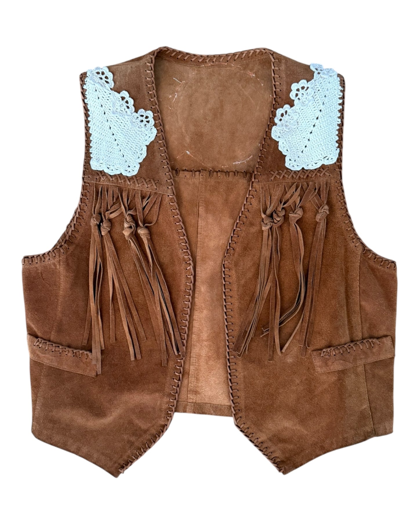 Suede fringe gilet with crochet appliqués