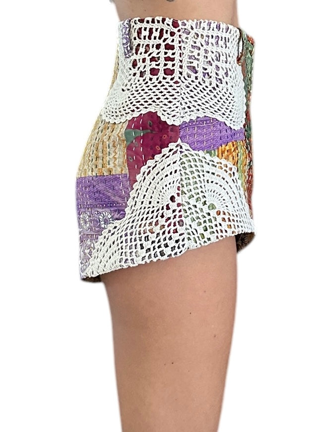 High waisted patchwork and crochet shorts
