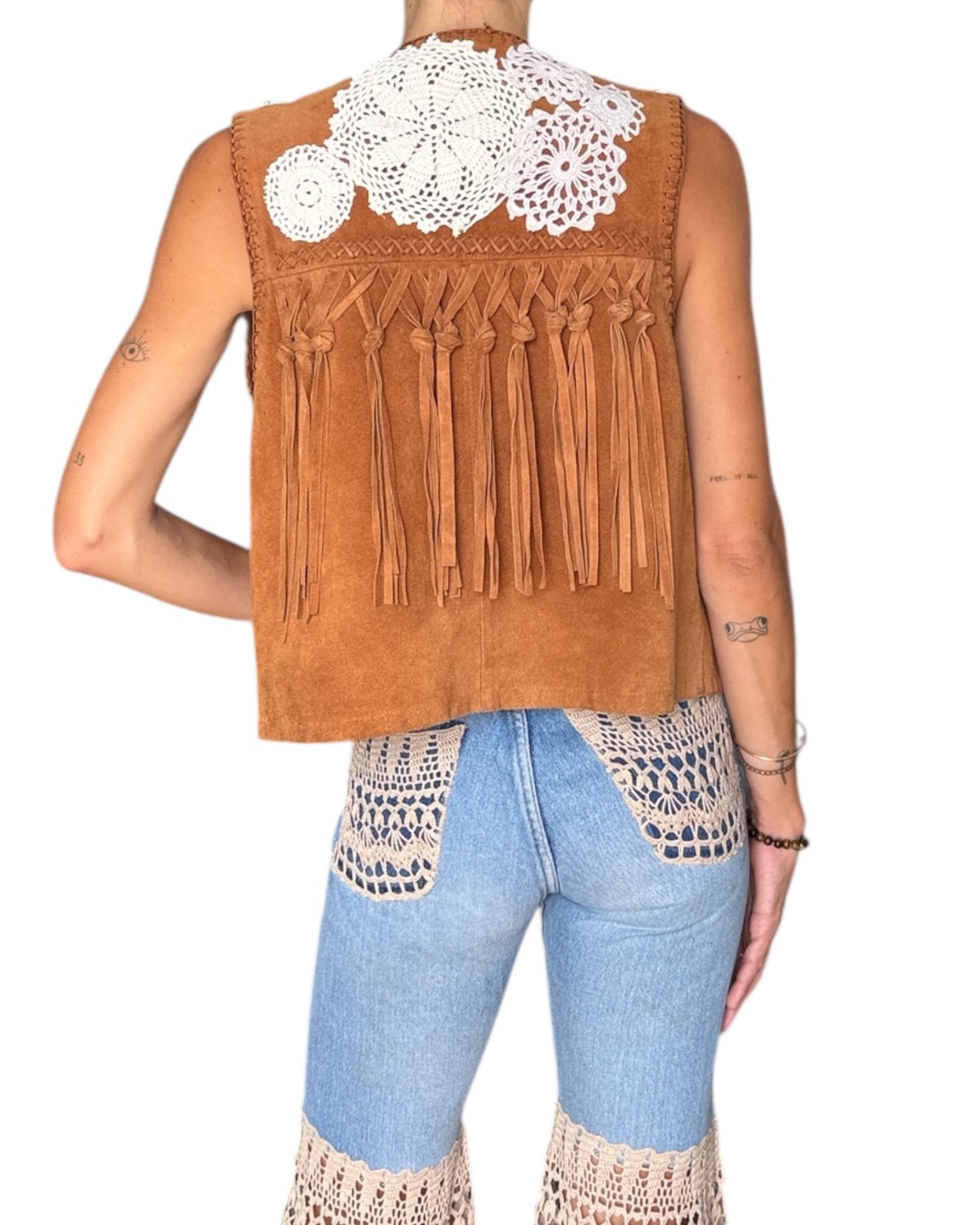 Suede fringe gilet with crochet appliqués