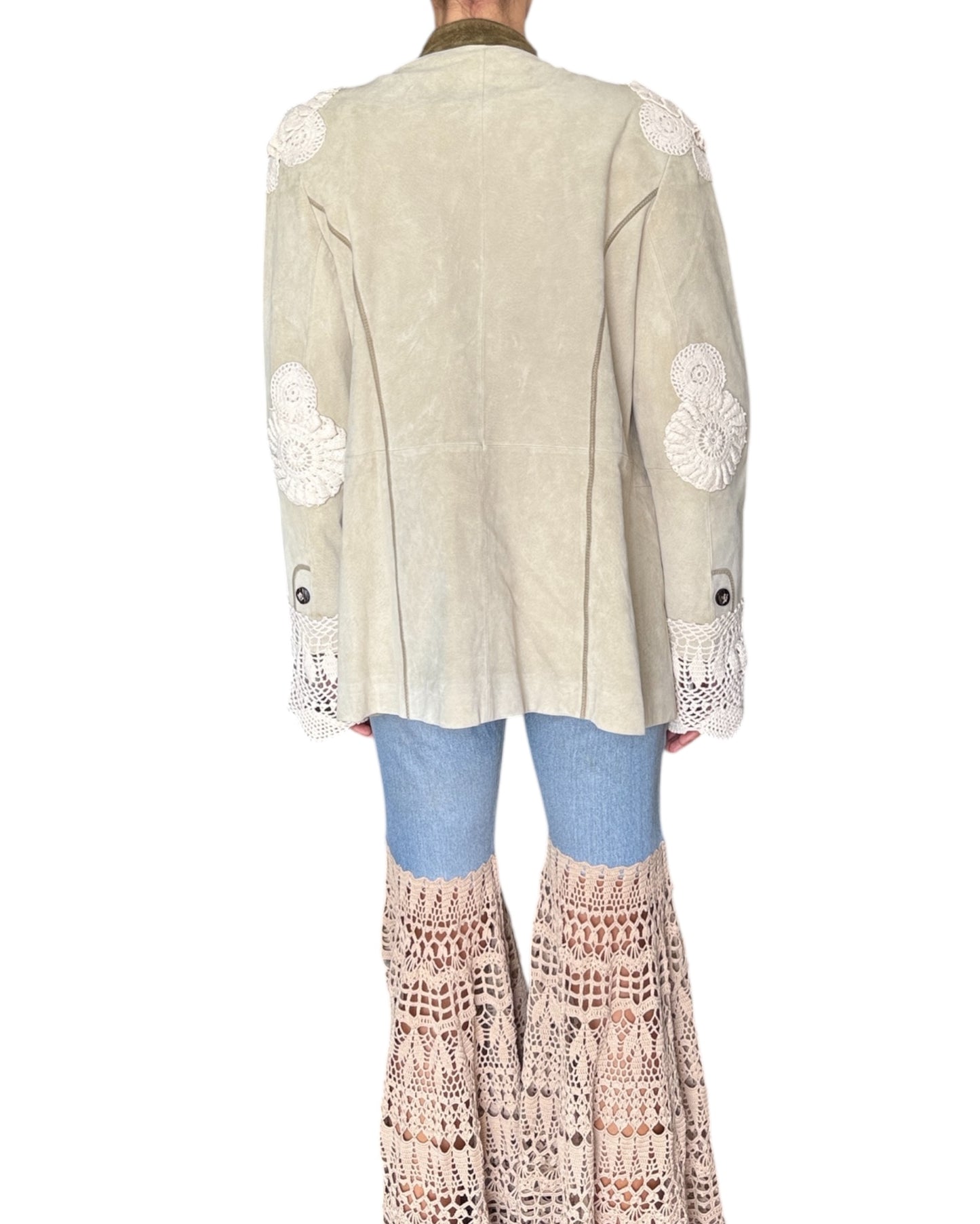 Beige suede jacket with crochet appliqués