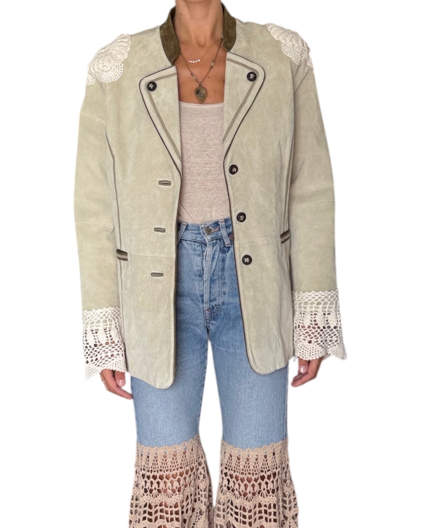 Beige suede jacket with crochet appliqués