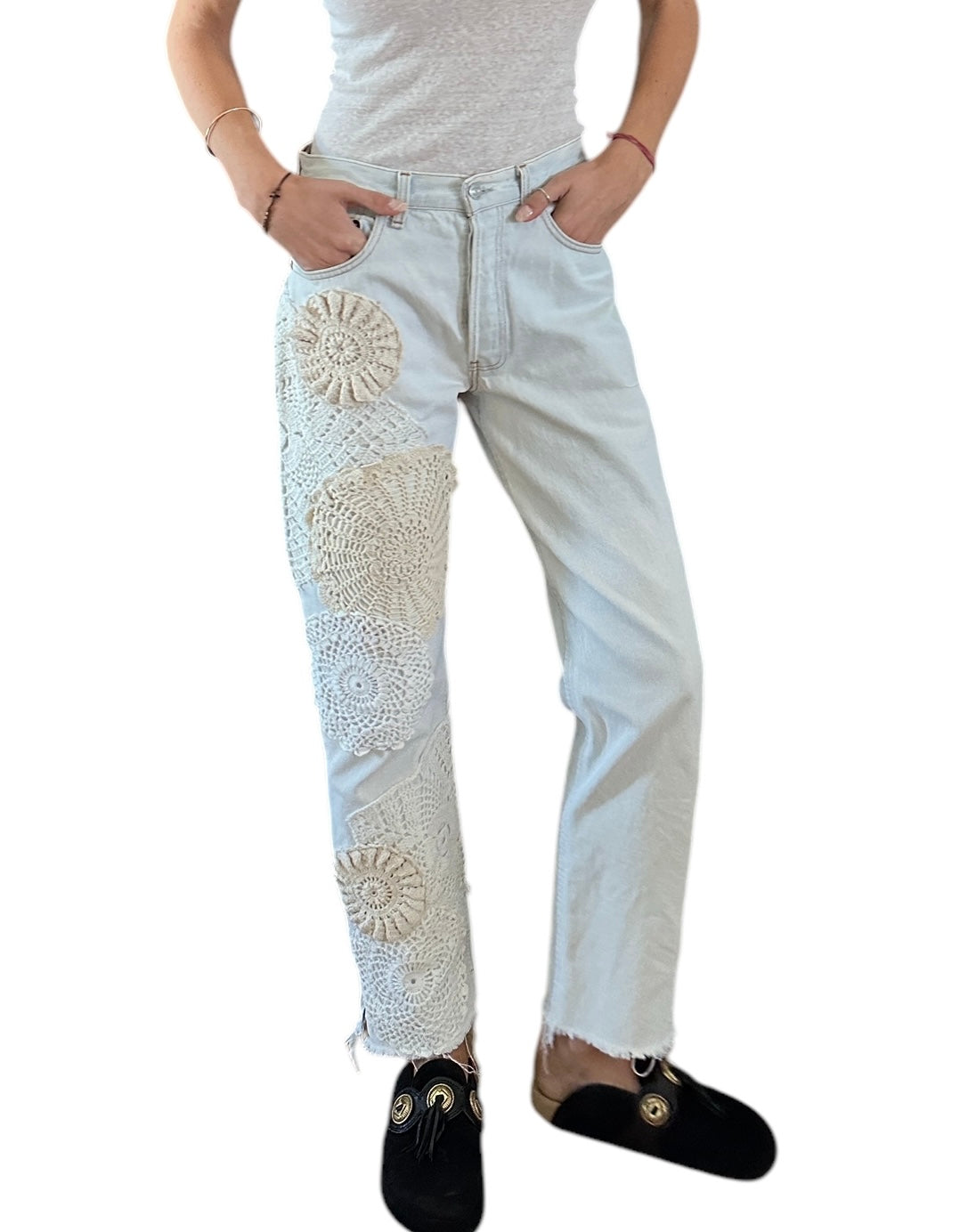 Denim with crochet appliqué