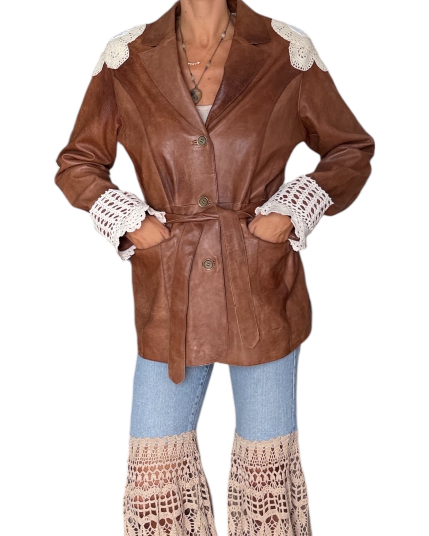 Brown leather blazer with crochet appliqués