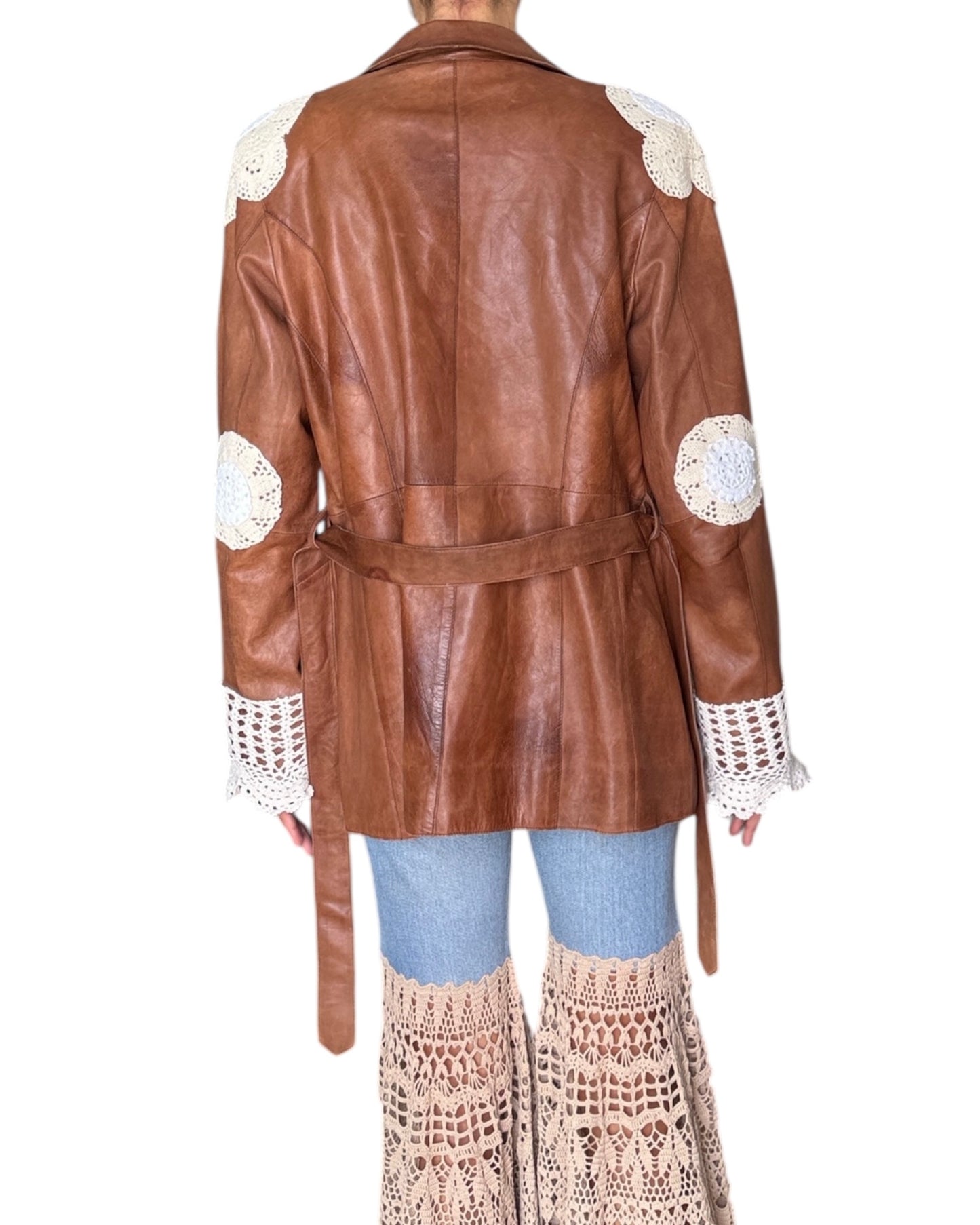 Brown leather blazer with crochet appliqués