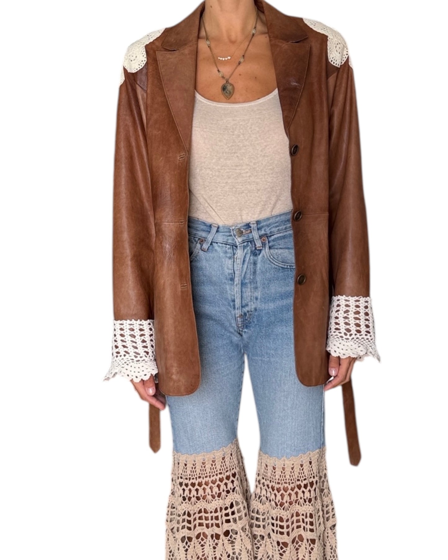 Brown leather blazer with crochet appliqués