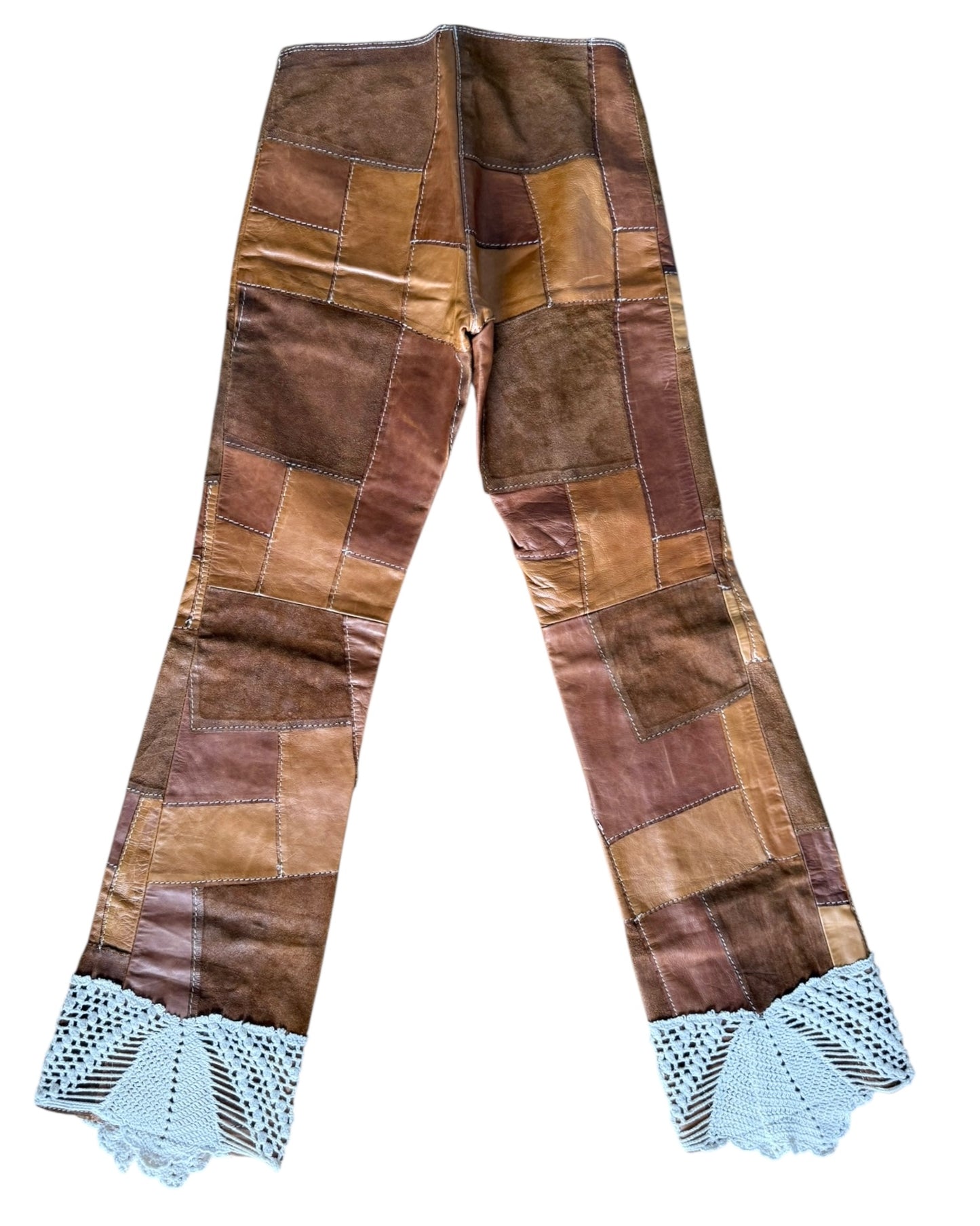 Vintage patchwork leather trousers with crochet detail