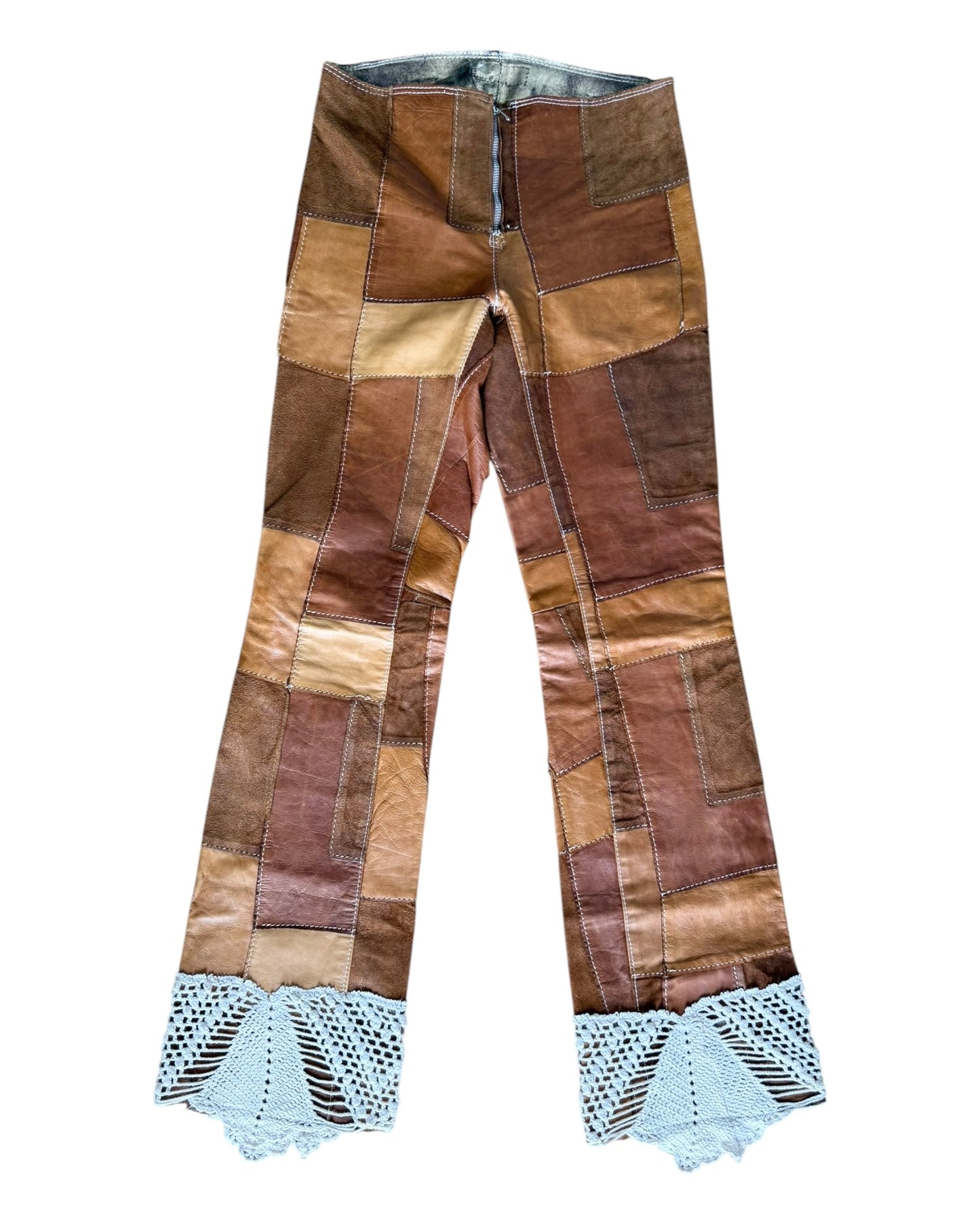 Vintage patchwork leather trousers with crochet detail