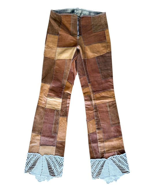 Vintage patchwork leather trousers with crochet detail
