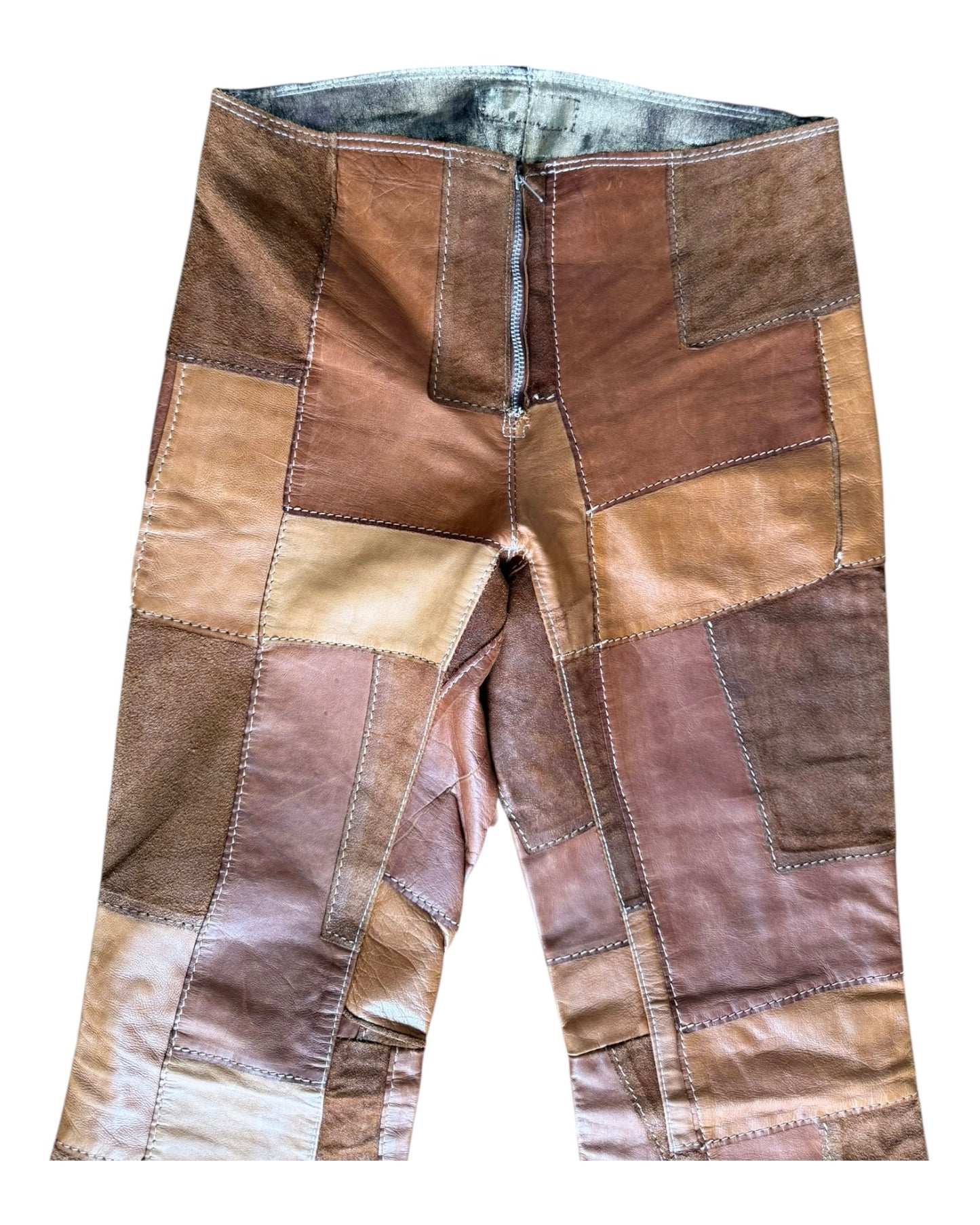 Vintage patchwork leather trousers with crochet detail