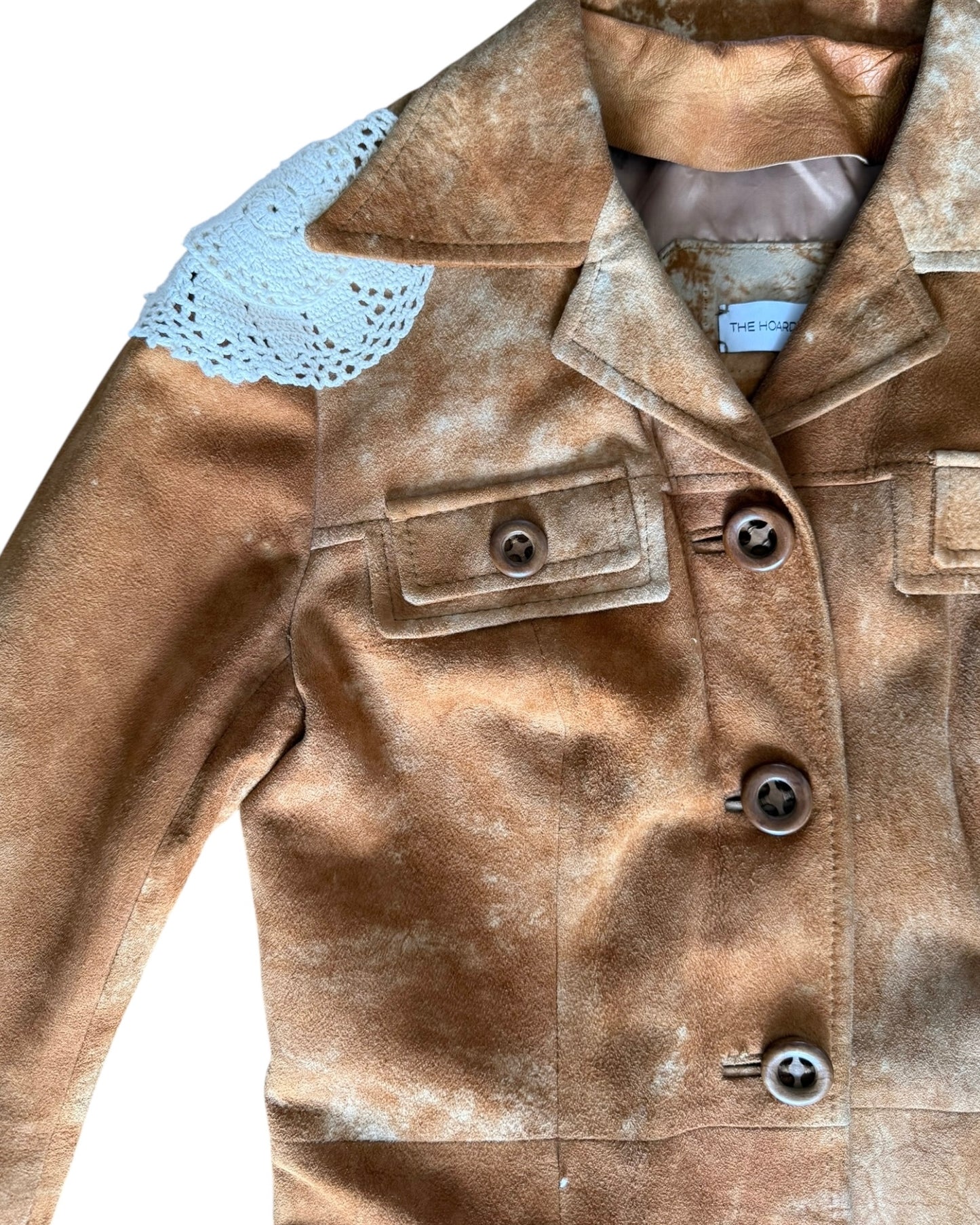 Suede trench coat with crochet appliqués