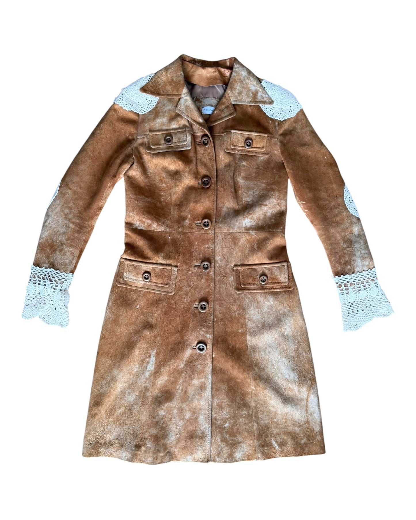 Suede trench coat with crochet appliqués