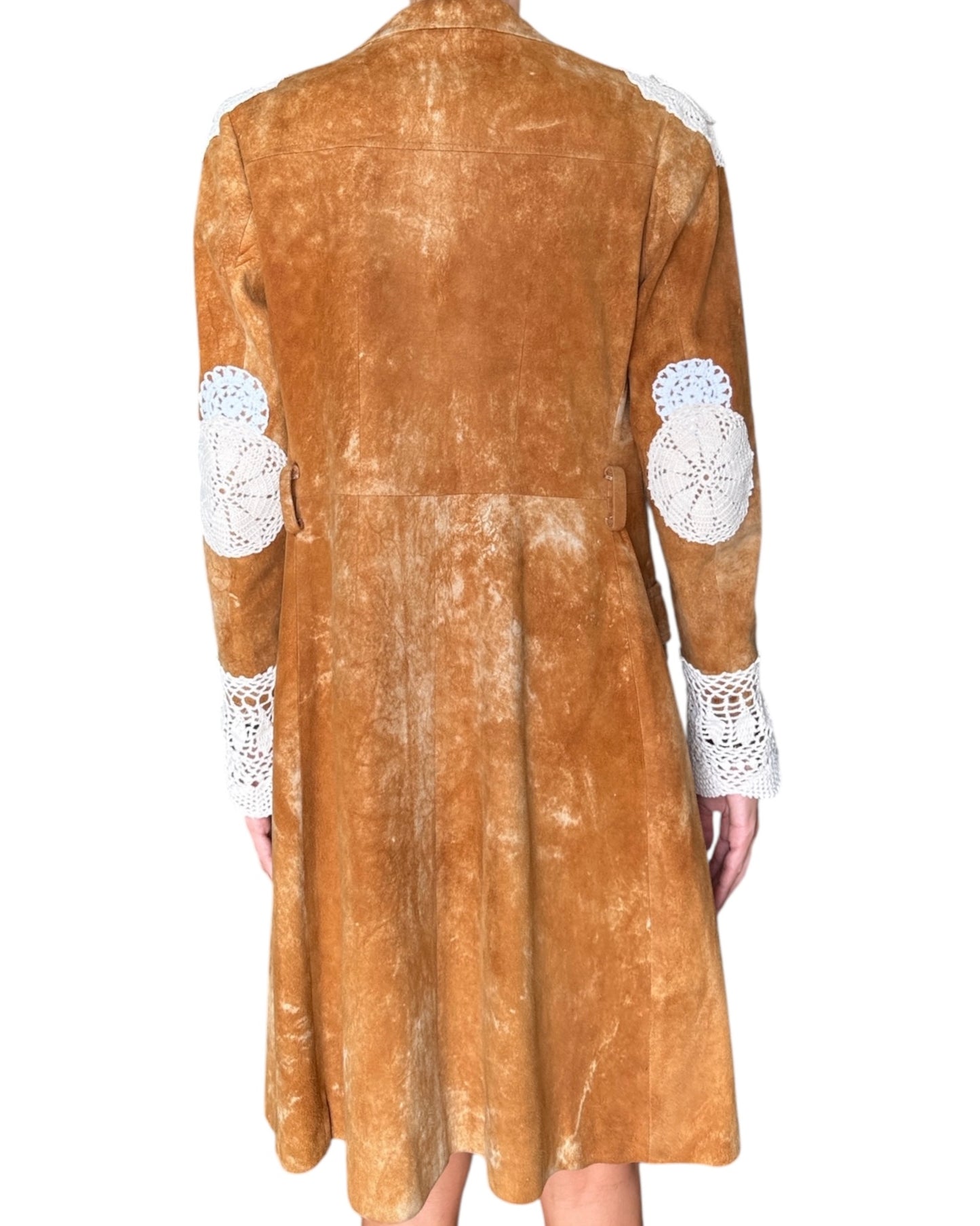 Suede trench coat with crochet appliqués