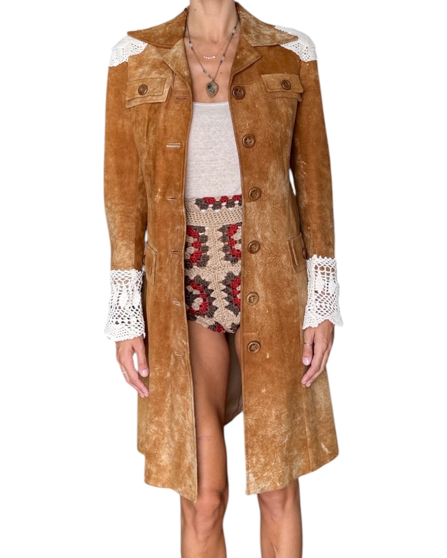 Suede trench coat with crochet appliqués