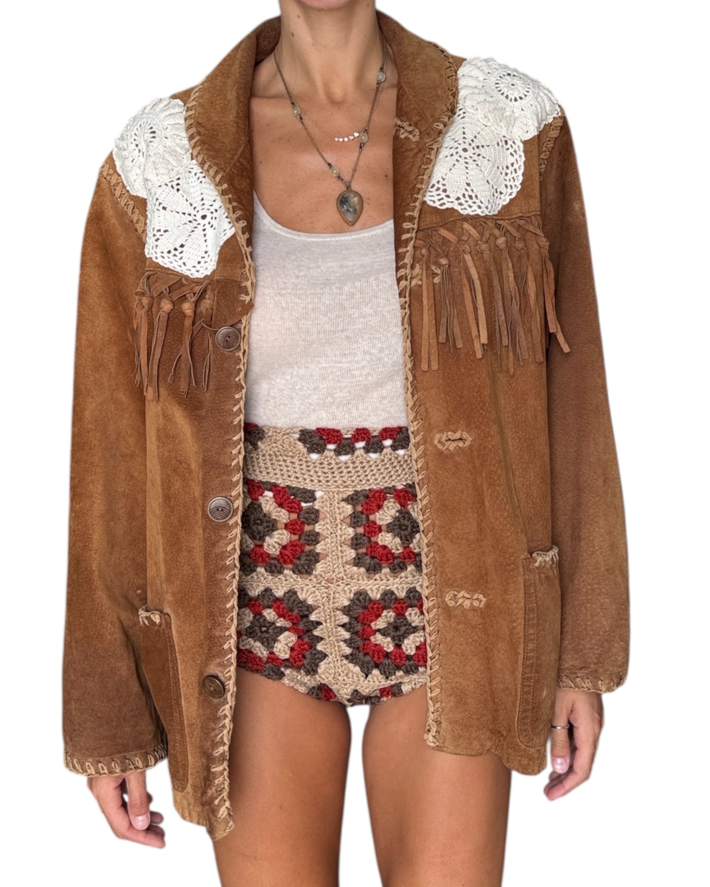 Brown fringe leather jacket with crochet appliqués