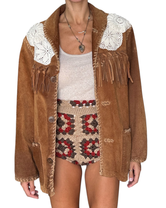 Brown fringe leather jacket with crochet appliqués