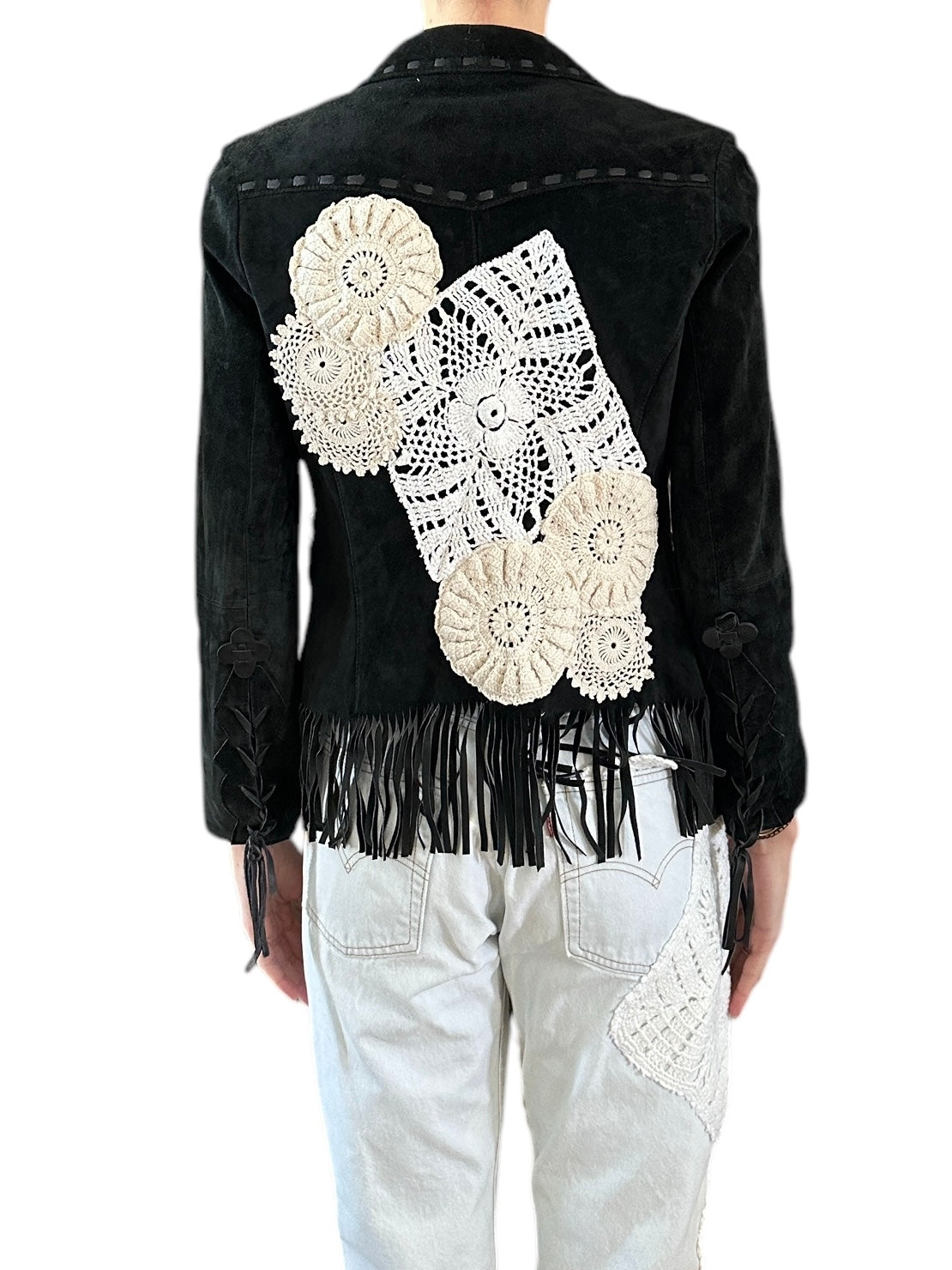 Vintage suede blazer with crochet appliqué