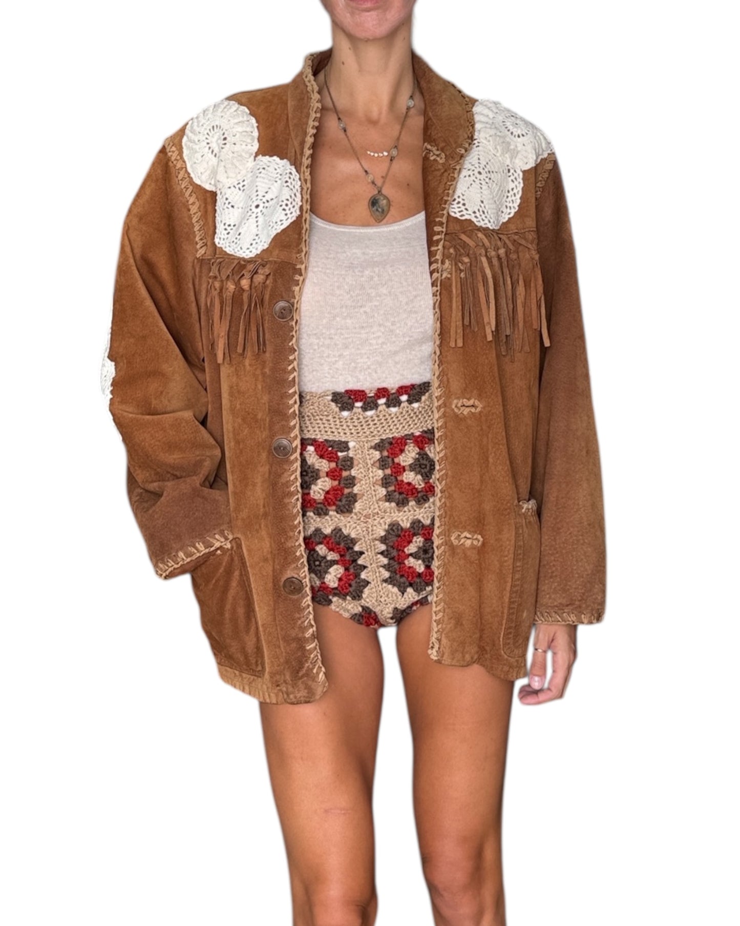 Brown fringe leather jacket with crochet appliqués