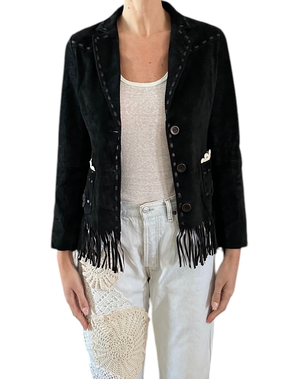 Vintage suede blazer with crochet appliqué