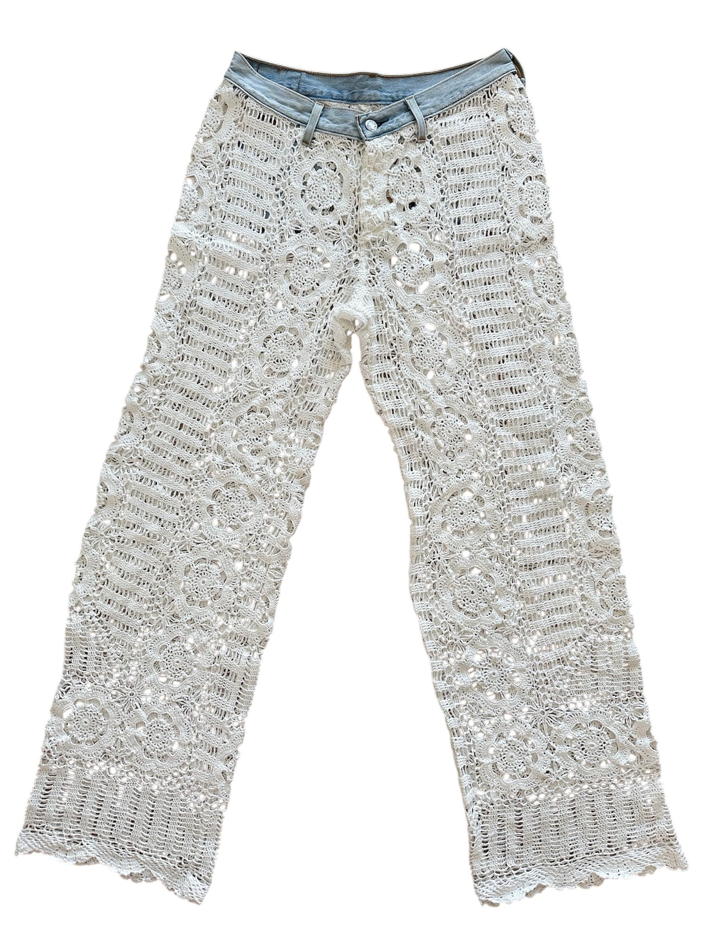 Crochet and denim trousers