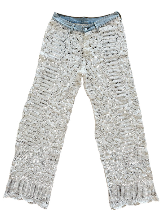 Crochet and denim trousers