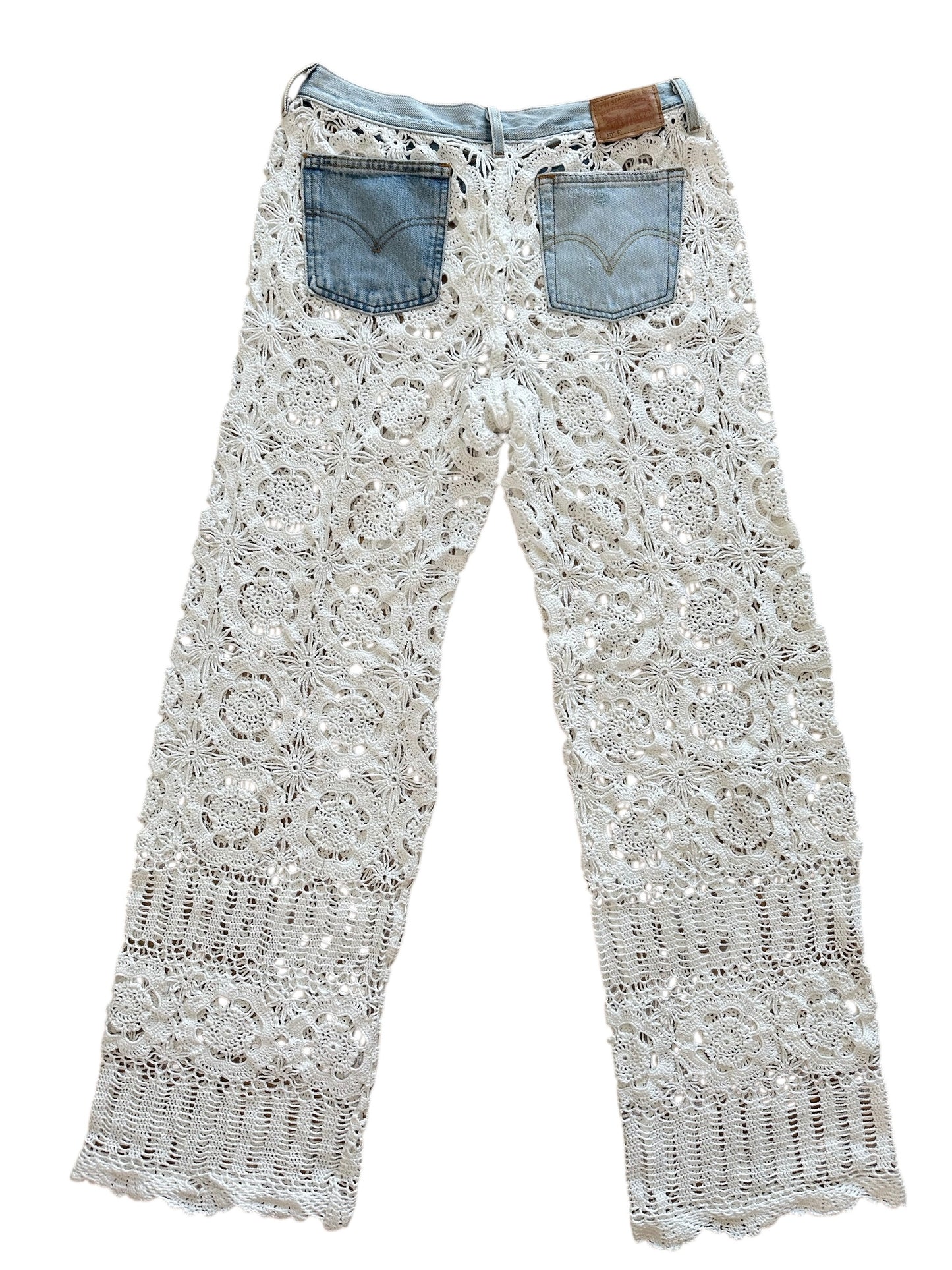 Crochet and denim trousers