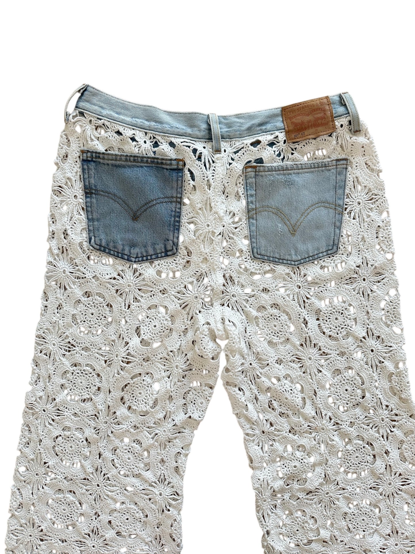Crochet and denim trousers