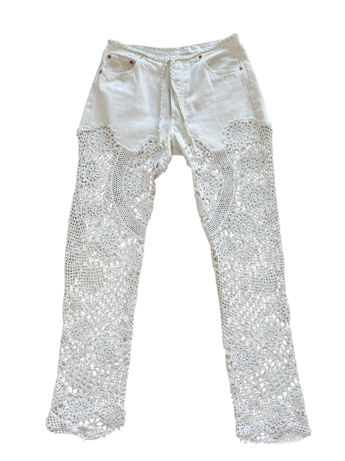 Denim and crochet trousers in white