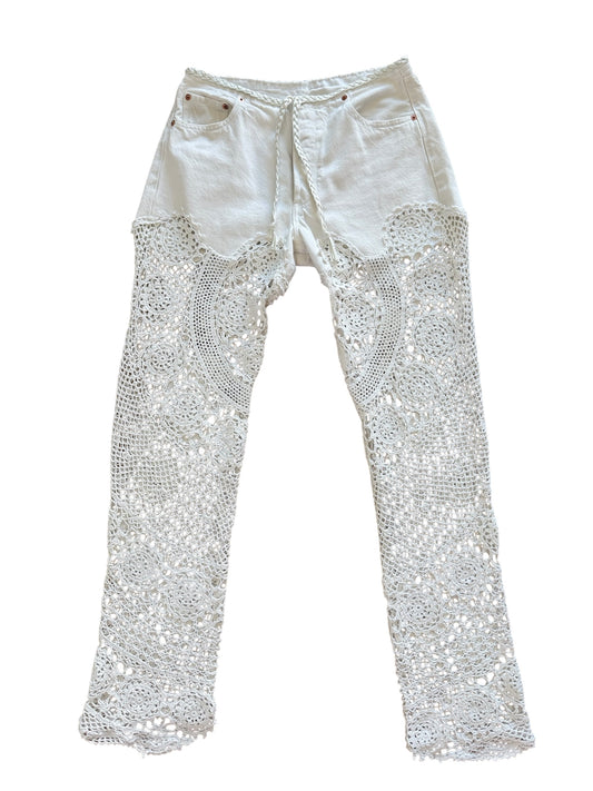Denim and crochet trousers in white