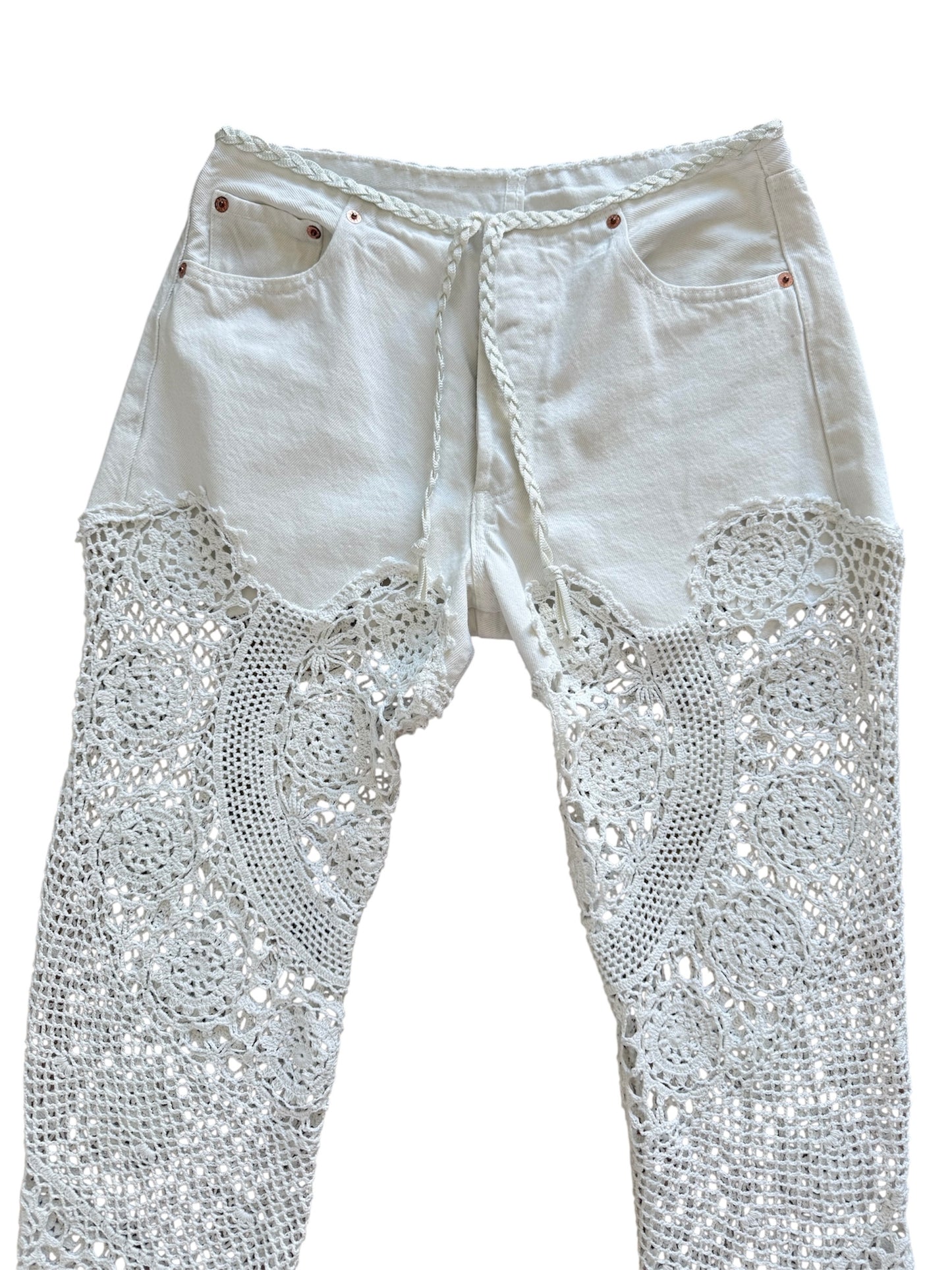 Denim and crochet trousers in white