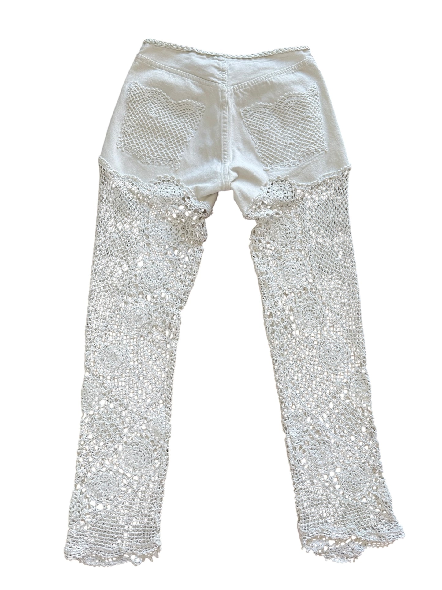 Denim and crochet trousers in white