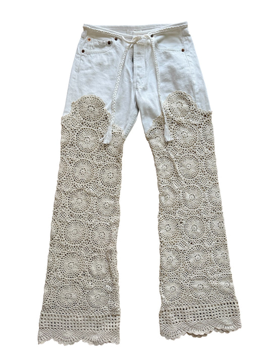 Denim and crochet trousers in white and beige