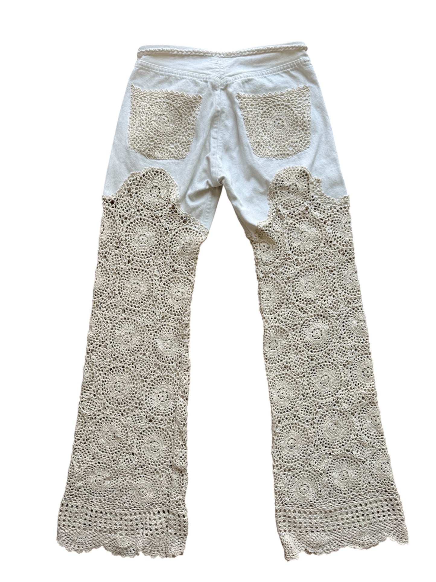 Denim and crochet trousers in white and beige